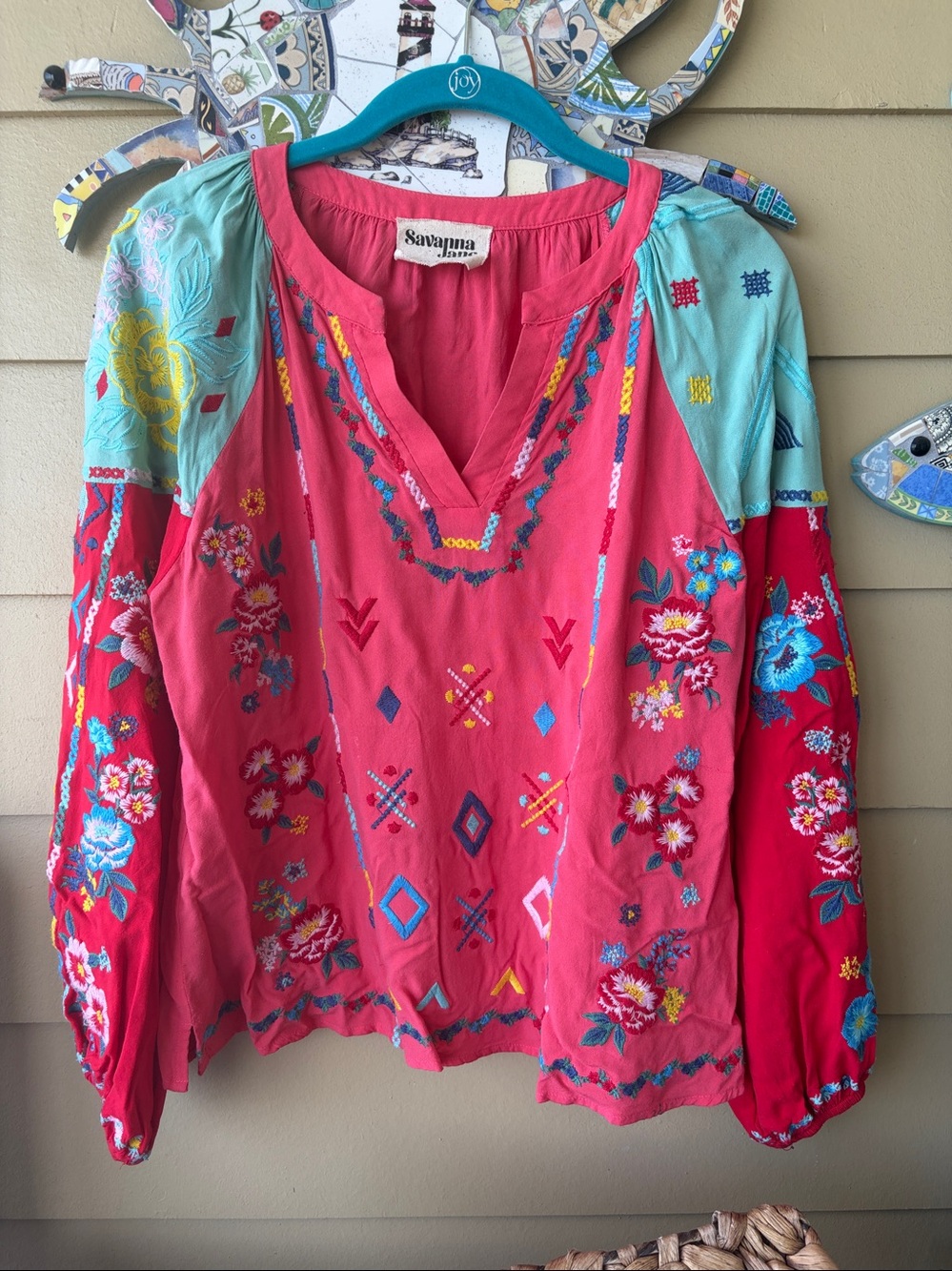Savanna Jane S Embroidered Boho Peasant Blouse Pink Turquoise Floral Long Sleeve